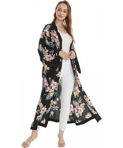 Women Open Front Lightweight Maxi Kimono Dress in Hibiscus Hibiscus Black $21.00 Sweaters