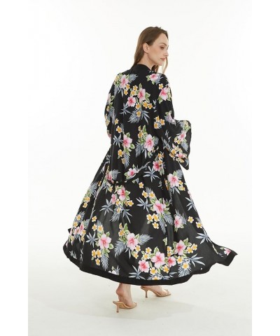 Women Open Front Lightweight Maxi Kimono Dress in Hibiscus Hibiscus Black $21.00 Sweaters