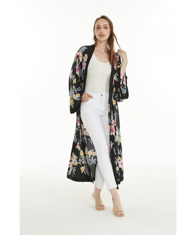 Women Open Front Lightweight Maxi Kimono Dress in Hibiscus Hibiscus Black $21.00 Sweaters