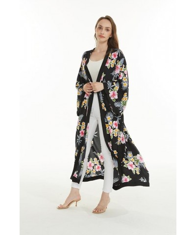 Women Open Front Lightweight Maxi Kimono Dress in Hibiscus Hibiscus Black $21.00 Sweaters