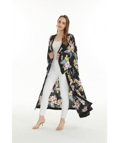 Women Open Front Lightweight Maxi Kimono Dress in Hibiscus Hibiscus Black $21.00 Sweaters