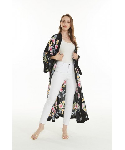 Women Open Front Lightweight Maxi Kimono Dress in Hibiscus Hibiscus Black $21.00 Sweaters