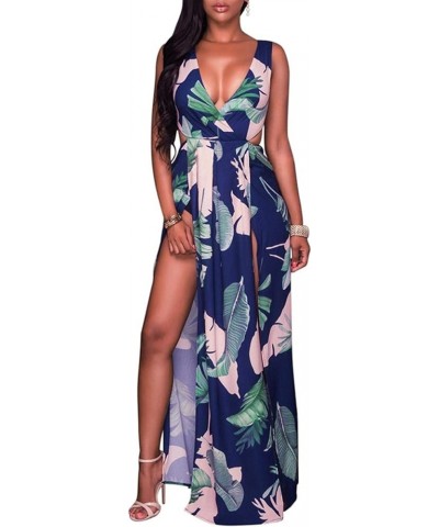 Women's Deep V-Neck Casual Dress Summer Floral Print Split Maxi Dress for Beach Party Navy $10.66 Activewear