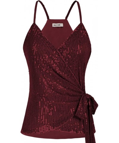 Sequin Tops for Women Sparkle Tank Camisole V Neck Sexy Tie Waist Top Party Club Cocktail Vest Shirt Wine Red $14.52 Tanks