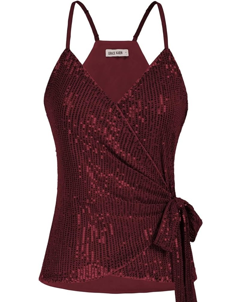 Sequin Tops for Women Sparkle Tank Camisole V Neck Sexy Tie Waist Top Party Club Cocktail Vest Shirt Wine Red $14.52 Tanks