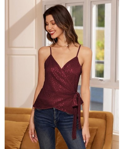 Sequin Tops for Women Sparkle Tank Camisole V Neck Sexy Tie Waist Top Party Club Cocktail Vest Shirt Wine Red $14.52 Tanks