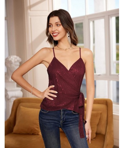 Sequin Tops for Women Sparkle Tank Camisole V Neck Sexy Tie Waist Top Party Club Cocktail Vest Shirt Wine Red $14.52 Tanks