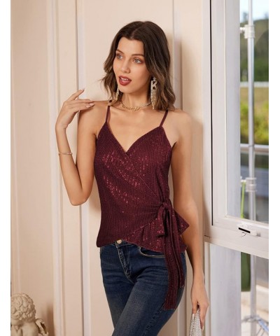 Sequin Tops for Women Sparkle Tank Camisole V Neck Sexy Tie Waist Top Party Club Cocktail Vest Shirt Wine Red $14.52 Tanks