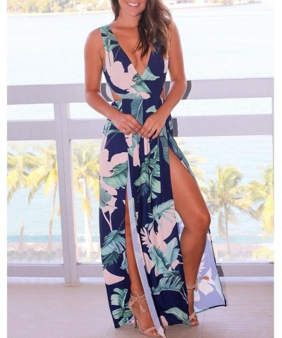 Women's Deep V-Neck Casual Dress Summer Floral Print Split Maxi Dress for Beach Party Navy $10.66 Activewear