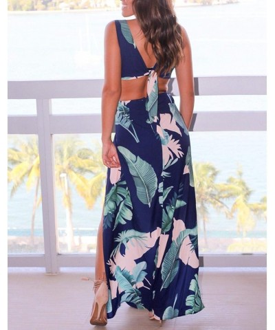 Women's Deep V-Neck Casual Dress Summer Floral Print Split Maxi Dress for Beach Party Navy $10.66 Activewear