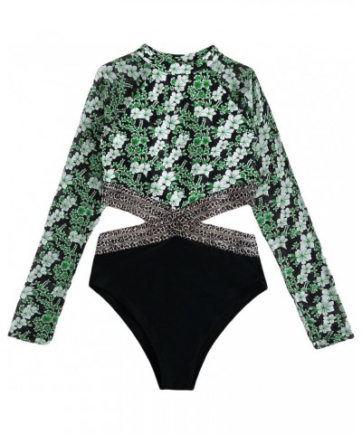 Women's Floral Cut Out Long Sleeve Tummy Control Rashguard Onepiece Swimsuit Green & White $18.62 Swimsuits