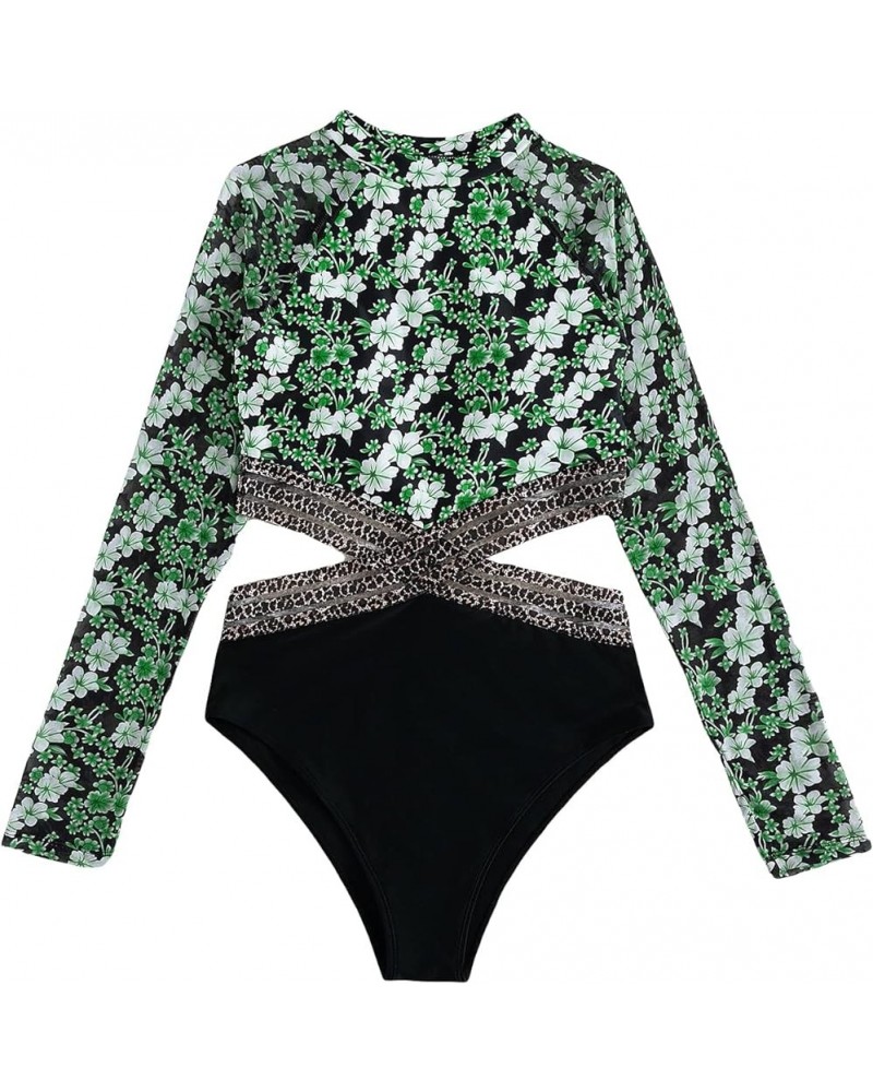 Women's Floral Cut Out Long Sleeve Tummy Control Rashguard Onepiece Swimsuit Green & White $18.62 Swimsuits