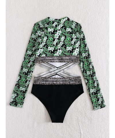 Women's Floral Cut Out Long Sleeve Tummy Control Rashguard Onepiece Swimsuit Green & White $18.62 Swimsuits