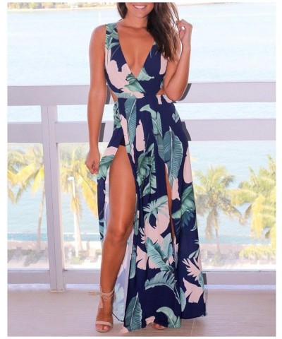 Women's Deep V-Neck Casual Dress Summer Floral Print Split Maxi Dress for Beach Party Navy $10.66 Activewear