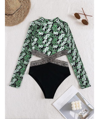 Women's Floral Cut Out Long Sleeve Tummy Control Rashguard Onepiece Swimsuit Green & White $18.62 Swimsuits