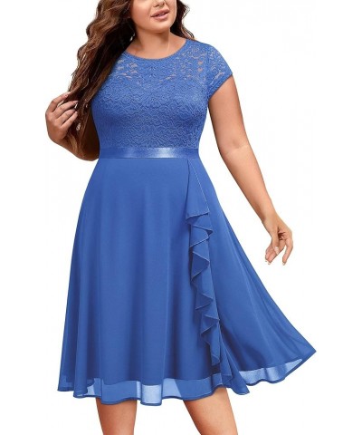 Women's Plus Size Ruffle Floral Lace Contrast Chiffon Formal Bridesmaid Party A-Line Cocktail Dress Blue $30.67 Dresses