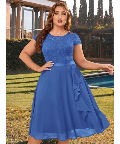 Women's Plus Size Ruffle Floral Lace Contrast Chiffon Formal Bridesmaid Party A-Line Cocktail Dress Blue $30.67 Dresses