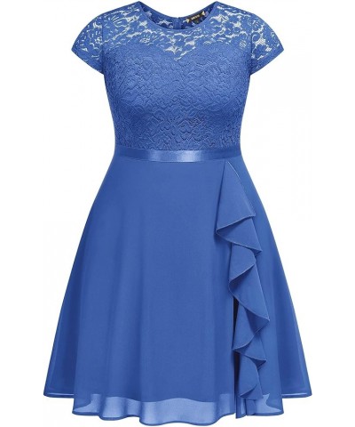 Women's Plus Size Ruffle Floral Lace Contrast Chiffon Formal Bridesmaid Party A-Line Cocktail Dress Blue $30.67 Dresses