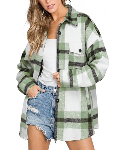 Women's Flannel Plaid Shacket Long Sleeve Button Down Shirts Jacket Coats with Side Pockets Pea Green Plaid $15.75 Blouses