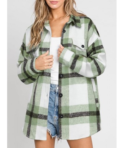 Women's Flannel Plaid Shacket Long Sleeve Button Down Shirts Jacket Coats with Side Pockets Pea Green Plaid $15.75 Blouses