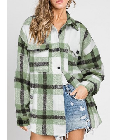 Women's Flannel Plaid Shacket Long Sleeve Button Down Shirts Jacket Coats with Side Pockets Pea Green Plaid $15.75 Blouses