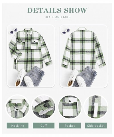 Women's Flannel Plaid Shacket Long Sleeve Button Down Shirts Jacket Coats with Side Pockets Pea Green Plaid $15.75 Blouses