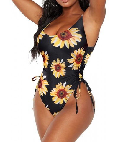 Women's One Piece Swimsuit 2024 Drawstring Tummy Control Bathing Suits Cheeky High Cut Tie Side Swimwear Monokini Sunflower $...