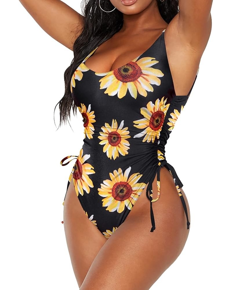 Women's One Piece Swimsuit 2024 Drawstring Tummy Control Bathing Suits Cheeky High Cut Tie Side Swimwear Monokini Sunflower $...