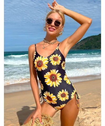 Women's One Piece Swimsuit 2024 Drawstring Tummy Control Bathing Suits Cheeky High Cut Tie Side Swimwear Monokini Sunflower $...