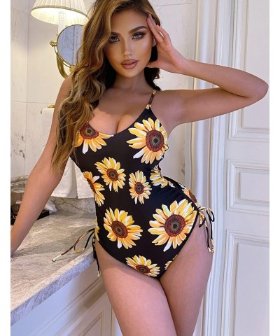 Women's One Piece Swimsuit 2024 Drawstring Tummy Control Bathing Suits Cheeky High Cut Tie Side Swimwear Monokini Sunflower $...