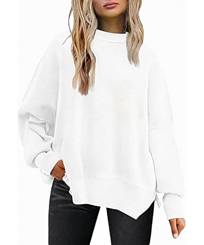 Ribbed Knit Pullover for Women Casual Side Slit Long Sleeve Hoodies Fall Oversized Workout Solid Crew Neck Sweatshirt 1white ...