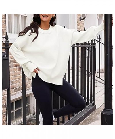 Ribbed Knit Pullover for Women Casual Side Slit Long Sleeve Hoodies Fall Oversized Workout Solid Crew Neck Sweatshirt 1white ...