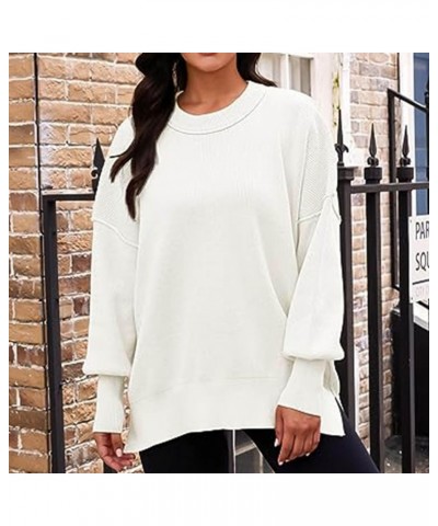 Ribbed Knit Pullover for Women Casual Side Slit Long Sleeve Hoodies Fall Oversized Workout Solid Crew Neck Sweatshirt 1white ...