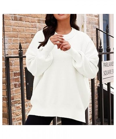 Ribbed Knit Pullover for Women Casual Side Slit Long Sleeve Hoodies Fall Oversized Workout Solid Crew Neck Sweatshirt 1white ...