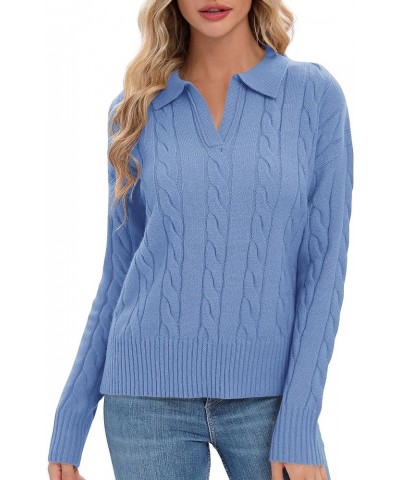 Women's V-Neck Knit Pullover Sweaters Lapel Collar Casual 2023 Fall Jumper Tops Blue Heather $13.82 Sweaters