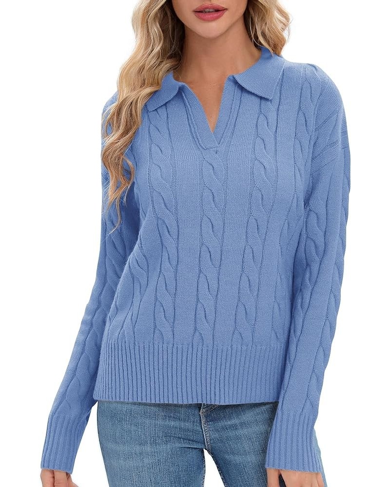 Women's V-Neck Knit Pullover Sweaters Lapel Collar Casual 2023 Fall Jumper Tops Blue Heather $13.82 Sweaters