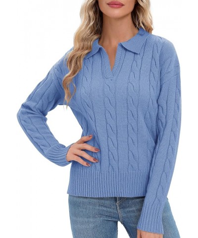 Women's V-Neck Knit Pullover Sweaters Lapel Collar Casual 2023 Fall Jumper Tops Blue Heather $13.82 Sweaters