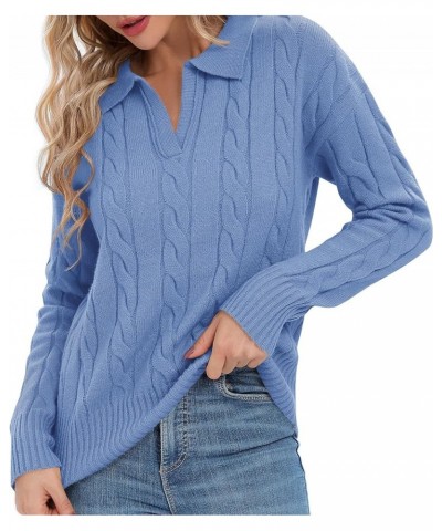 Women's V-Neck Knit Pullover Sweaters Lapel Collar Casual 2023 Fall Jumper Tops Blue Heather $13.82 Sweaters