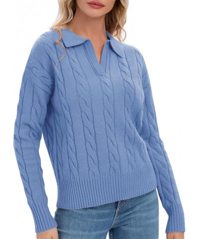 Women's V-Neck Knit Pullover Sweaters Lapel Collar Casual 2023 Fall Jumper Tops Blue Heather $13.82 Sweaters