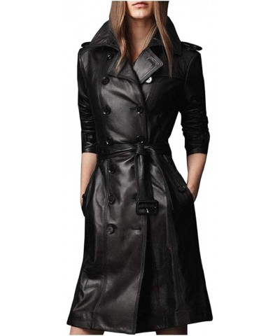 Women Designer Black Trench Leather Long Coat with Belt Trench Coat Slim Fit Style for Ladies Black $71.34 Coats