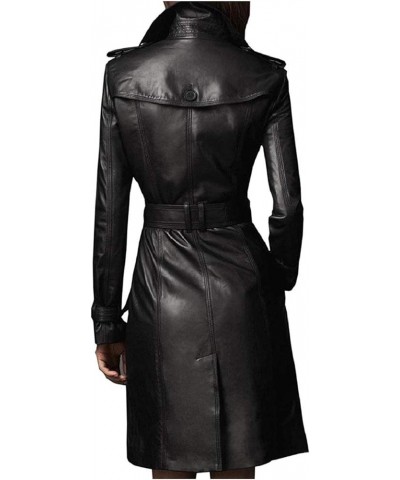 Women Designer Black Trench Leather Long Coat with Belt Trench Coat Slim Fit Style for Ladies Black $71.34 Coats