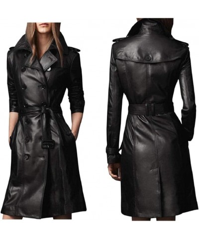 Women Designer Black Trench Leather Long Coat with Belt Trench Coat Slim Fit Style for Ladies Black $71.34 Coats