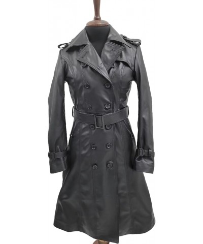 Women Designer Black Trench Leather Long Coat with Belt Trench Coat Slim Fit Style for Ladies Black $71.34 Coats