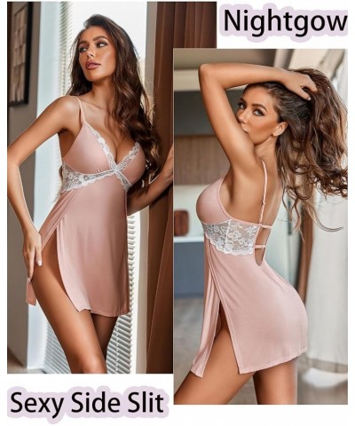 Women Lingerie Lace Chemise Sexy Nightgown Modal Babydoll Side Slit Sleepwear Dusty Pink $11.11 Lingerie