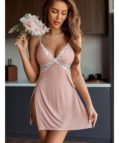 Women Lingerie Lace Chemise Sexy Nightgown Modal Babydoll Side Slit Sleepwear Dusty Pink $11.11 Lingerie