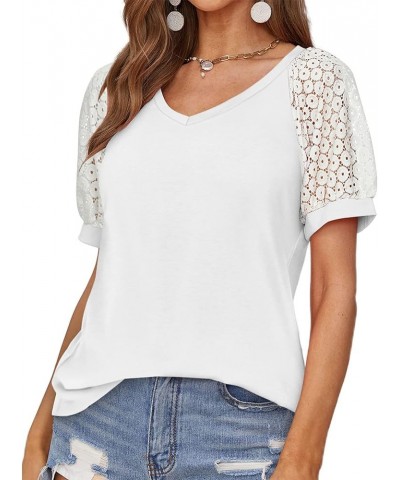 Lace Puff Sleeve Tops for Women Plus Raglan Stitching Solid Tunic Ladies Tops V Neck Shirts Women Summer Tshirts O07-white $1...