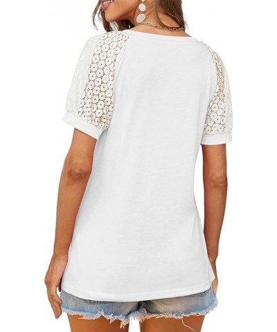 Lace Puff Sleeve Tops for Women Plus Raglan Stitching Solid Tunic Ladies Tops V Neck Shirts Women Summer Tshirts O07-white $1...