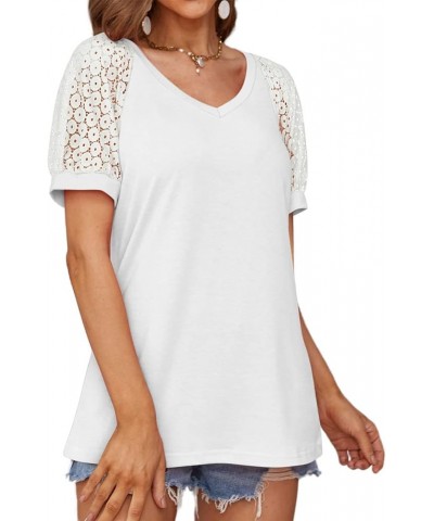 Lace Puff Sleeve Tops for Women Plus Raglan Stitching Solid Tunic Ladies Tops V Neck Shirts Women Summer Tshirts O07-white $1...