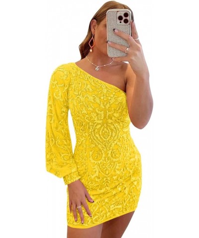 Sequin Short Homecoming Dresses for Teens Tight One Shoulder Prom Dress with Sleeves Pageant Party Gown Yellow $30.79 Dresses