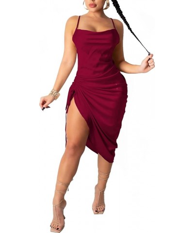 Women's Spaghetti Strap Backless Side Slit Drawstring Ruched Satin Midi Dress Night Party Clubwear Burgundy $14.76 Dresses